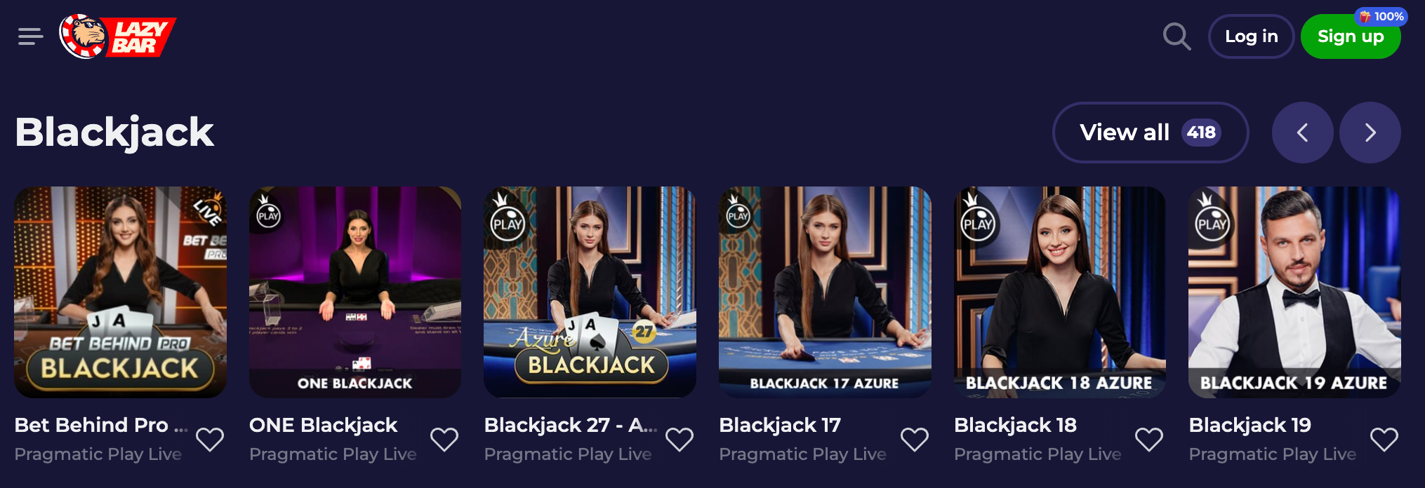 Blackjack live games Casino Lazy bar 